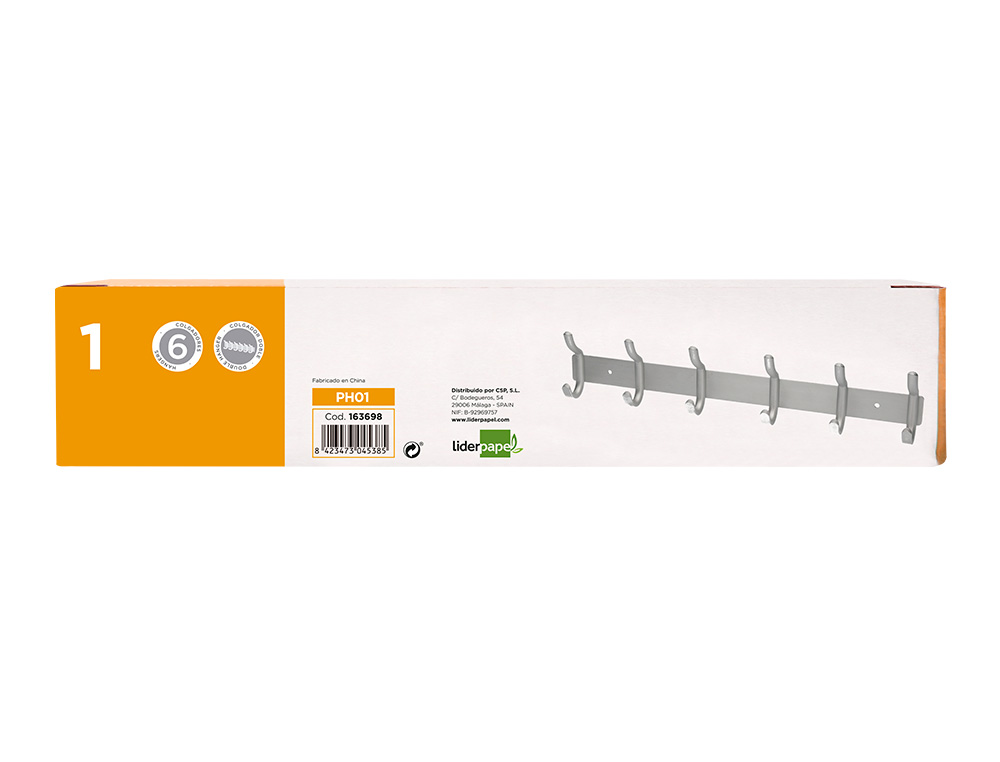 PORTE-MANTEAUX LIDERPAPEL MURAL METAL 6 PATERES 430X88X55MM COLORIS ARGENT