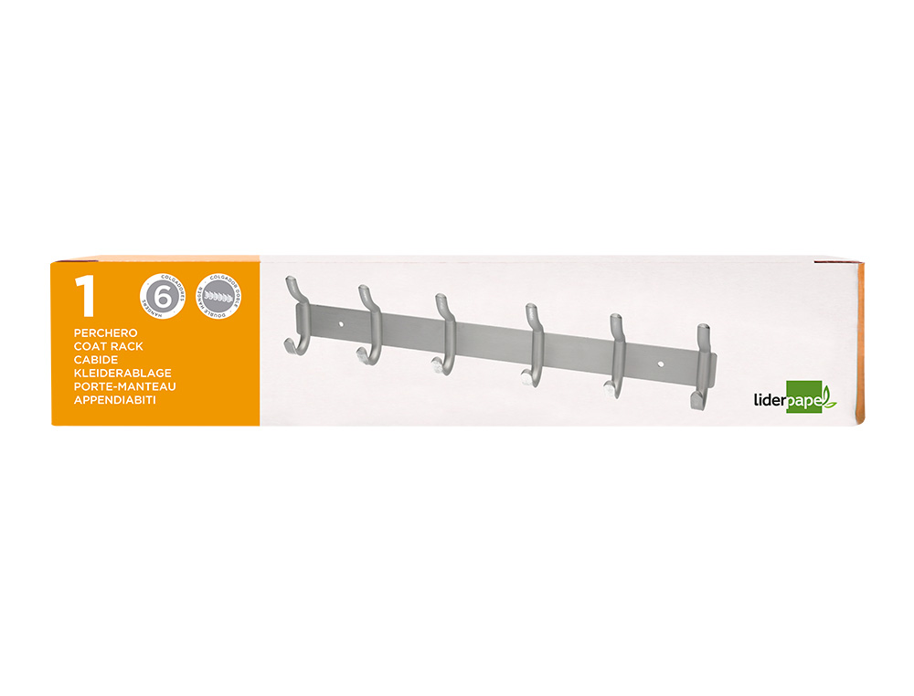 PORTE-MANTEAUX LIDERPAPEL MURAL METAL 6 PATERES 430X88X55MM COLORIS ARGENT