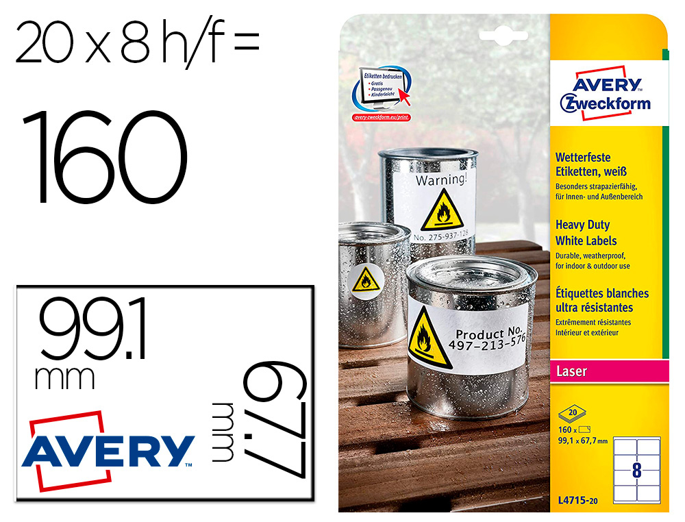 ETIQUETTE AVERY ULTRA RESISTANTES POLYESTER LASER   BLANC 99,1 X 67,7 MM BOITE DE 160