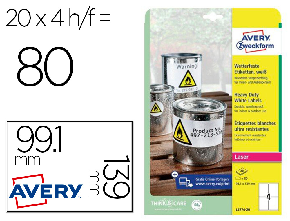 ETIQUETTE AVERY ULTRA RESISTANTES POLYESTER LASER   BLANC 99,1 X 139MM BOITE DE   80