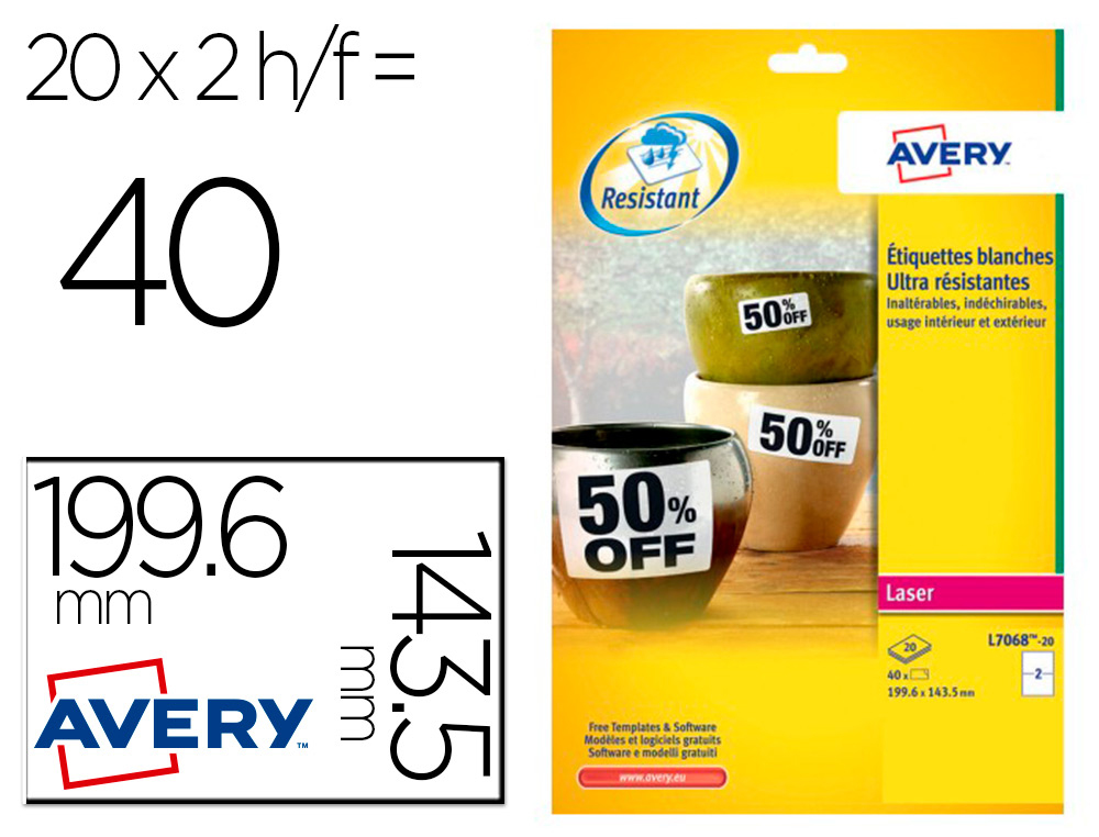ETIQUETTE AVERY ULTRA RESISTANTES POLYESTER LASER   BLANC 199,6 X 143,5MM BOITE   DE 40