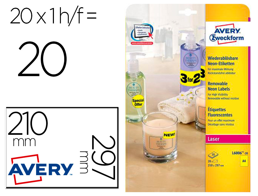 ETIQUETTE AVERY FLUORESCENTE LASER JAUNE  210 X 297 MM     BOITE DE 20