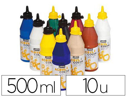 PEINTURE ACRYLIQUE PEBEO ACRYLCOLOR INDLBILE COUVRANTE BRILLANTE TOUS SUPPORTS ASSORTIMEENT 10 FLACONS 500ML