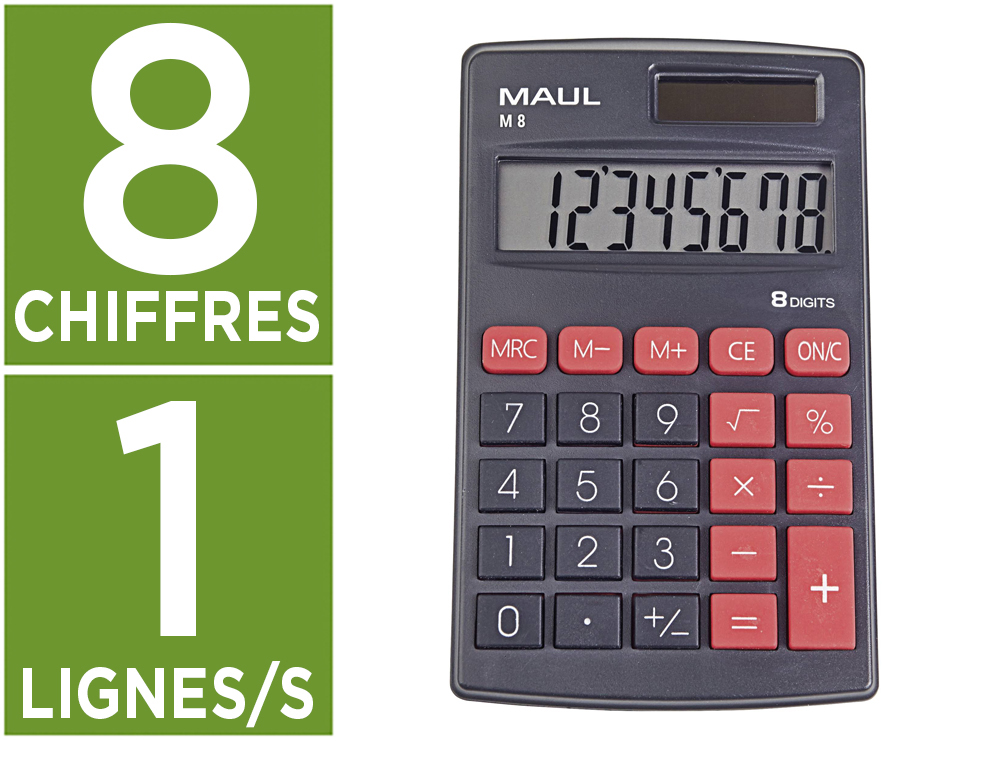 CALCULATRICE MAUL POCHE M8 8 CHIFFRES ECRAN 1 LIGNE 3 TOUCHES MEMOIRES TOUCHE POURCENTAGE CALCUL RACINES COLORIS NOIR