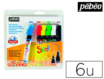 MARQUEUR PEINTURE PBO SKRIB GOUACHE CLASSIQUE MCHE 0,7/4MM COLORIS BLEU ROUGE JAUNE VERT BLANC ET NOIR 6 UNITS