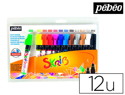 MARQUEUR PEINTURE PBO SKRIB GOUACHE ARC-EN-CIEL MCHE 0,7/4MM COLORIS VERT JAUNE ROUGE ET BLEU POCHETTE 12 UNITS
