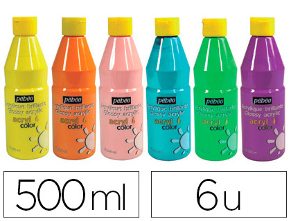 GOUACHE ACRYLIQUE PBO ACRYLCOLOR INDLBILE COUVRANTE BRILLANTE TOUS SUPPORTS COLORIS PASTEL LOT 6 FLACONS 500ML