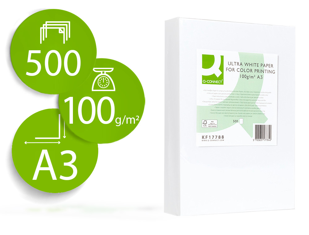 PAPIER Q-CONNECT MULTIFONCTION ULTRAWHITE A3 100G/M2 BLANCHEUR 170 OPACIT 96 RIGIDIT 60 500 FEUILLES