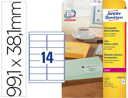 TIQUETTE ADHSIVE AVERY ADRESSE TRANSPARENTE LASER 99.1X38.1MM BOTE 350 UNITS
