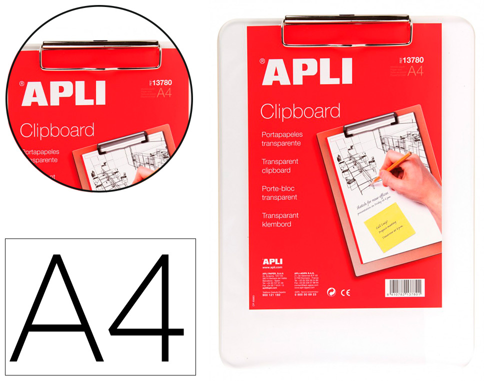 PORTE-BLOC APLI PLASTIQUE TRS RIGIDE BORDS INCURVS PINCE CLIP FIXATEUR FORMAT A4 210X297MM COLORIS TRANSPARENT