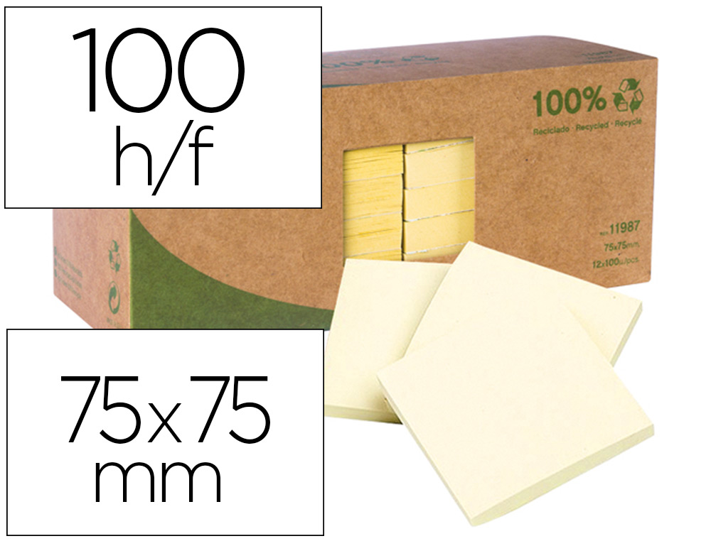 BLOC-NOTES APLI PAPIER RECYCL 75X75MM 100F ADHSIVES COLORIS JAUNE - LOT DE 12 UN