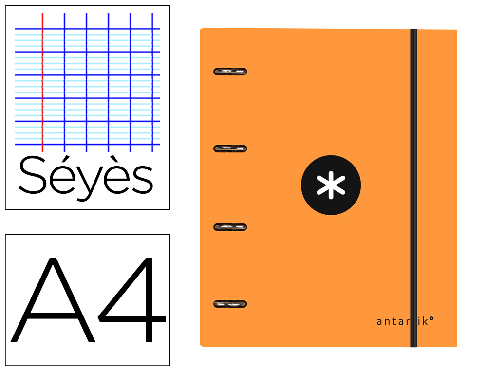 CLASSEUR LIDERPAPEL ANTARTIK 4 ANNEAUX 25MM A4 CARTON REMBORD FEUILLETS MOBILES SYS COLORIS ORANGE