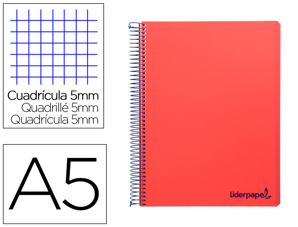 CAHIER SPIRALE LIDERPAPEL A5 MICRO WONDER 240 PAGES 90G    5X5MM 6 TROUS 5 BANDES        COULEURS ROUGE