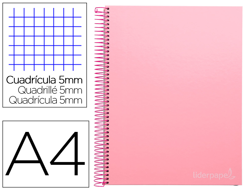 CAHIER SPIRALE LIDERPAPE JOLLYCOUVERTURE CONTRECOLLE A4 280P 75G/M2 5X5MM MICROPERFOR 4 TROUS COLORIS ROSE