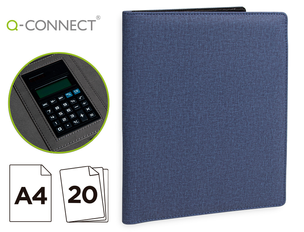 CONFRENCIER Q-CONNECT A4 CALCULATRICE PLASTIQUE        POCHETTES INTERIEURES         BLOC-NOTES 20 FEUILLES BLEU