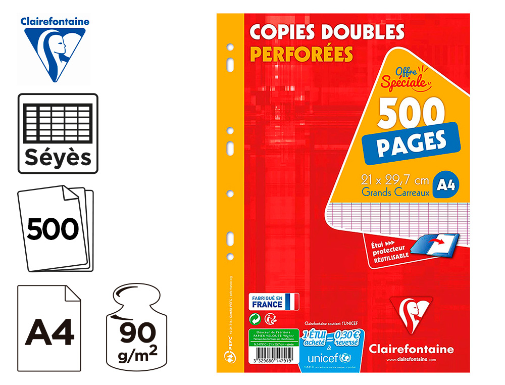 COPIE DOUBLE CLAIREFONTAINE A4 21X29,7CM PAPIER VELIN VELOUTE BLANC 500 PAGES 90G SEYES PERFOREES SOUS ETUI CARTONNE