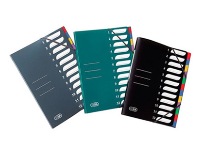TRIEUR OXFORD POLYPROPYLNE A4+ 12 COMPARTIMENTS RIVET IMPRIM 3 RABATS LASTIQUE TIQUETTE COLORIS ASSORTIS 320X245MM