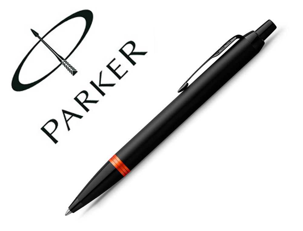 STYLO BILLE PARKER IM VIBRANT RINGS NOIR LAQUE DETAILS      ORANGE VIF POINTE MOYENNE     ENCRE BLEU ETUI CADEAU