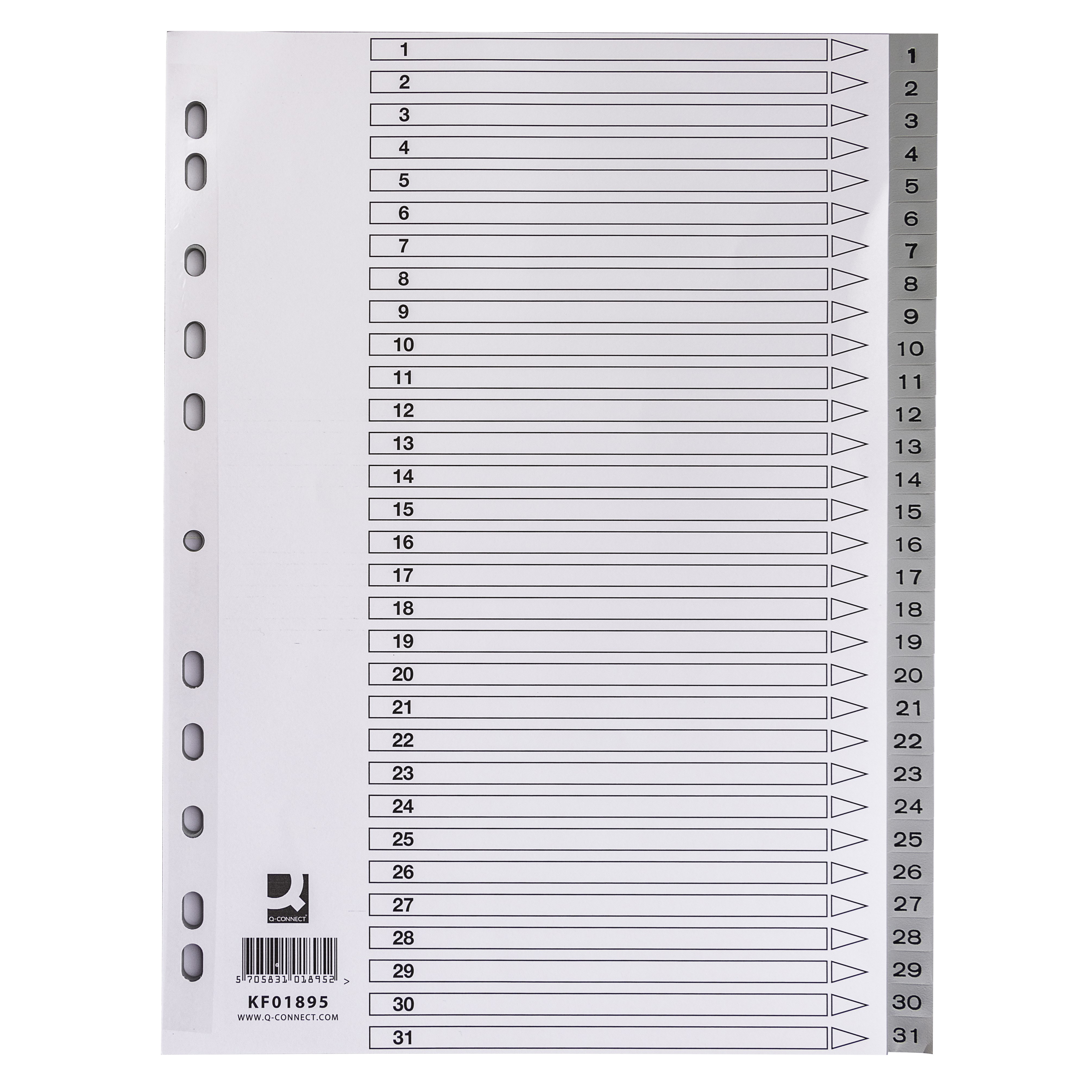 INTERCALAIRE Q-CONNECT NUMERIQUE 1-31 PLASTIQUE 31   POSITIONS A4 INDICE           MULTIPERFORE