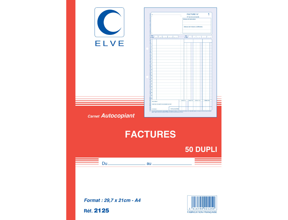 MANIFOLD ELVE AUTOCOPIANT A4 210X297MM FOLIOTAGE 50 DUPLIS FACTURES