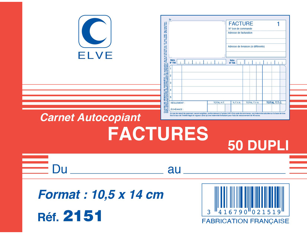 MANIFOLD ELVE AUTOCOPIANT 105X140MM FOLIOTAGE 50 DUPLIS FACTURES