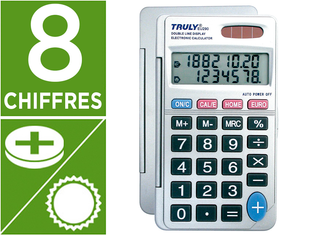 CALCULATRICE TRULY POCHE CT2908 8 CHIFFRES FRANC/EURO ADDITION SOUSTRACTION MMOIRE SOLAIRE/PILE 65X120X10MM 85G