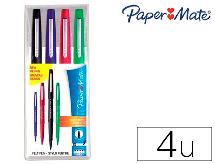 STYLO-FEUTRE PAPER MATE FLAIR ORIGINAL POINTE MOYENNE 1MM LONGUE DURE DE VIE POCHETTE 4 COLORIS STANDARD