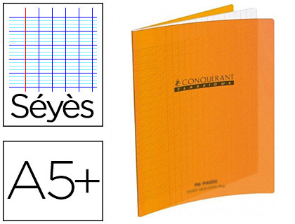 CAHIER PIQU CONQURANT CLASSIQUE COUVERTURE POLYPROPYLNE RIGIDE TRANSPARENTE A5+ 17X22CM 48 PAGES 90G SYS ORANGE