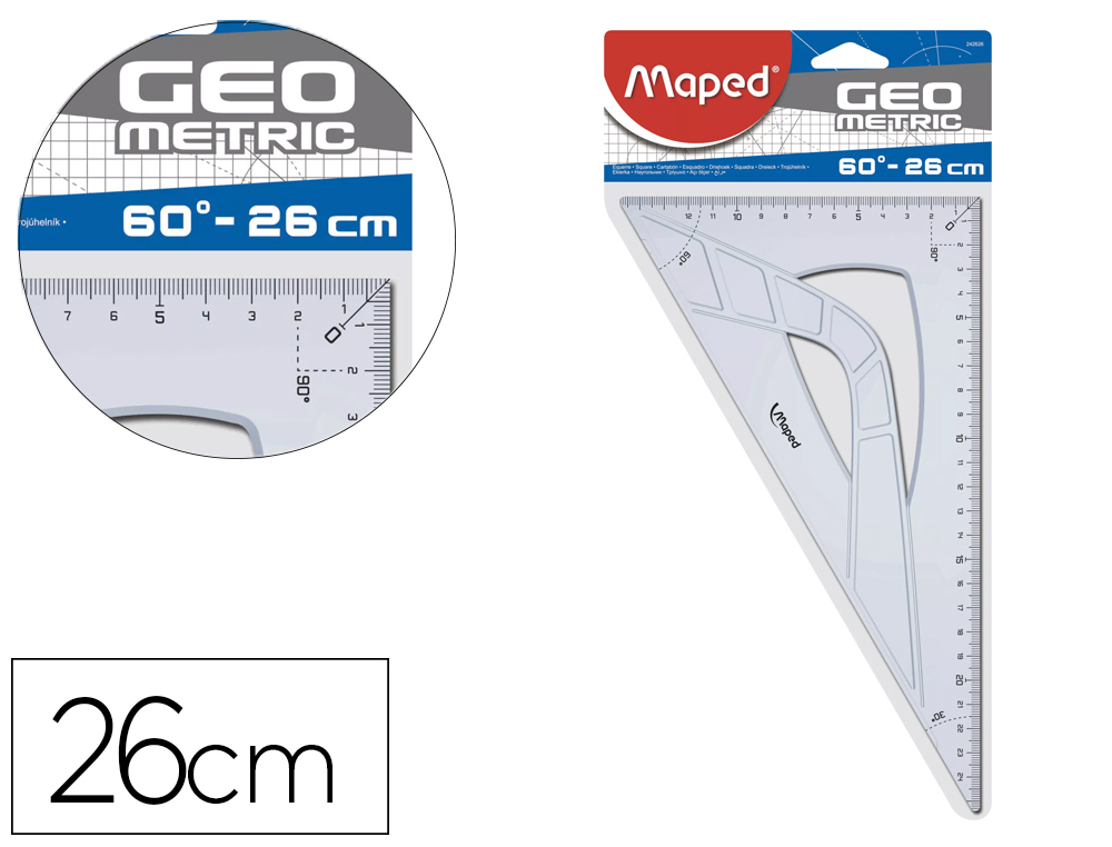 EQUERRE MAPED GEOMETRIC 60 GRAND COTE 26CM PLASTIQUE     RECYCLE COLORIS TRANSPARENT   SACHET INDIVIDUEL