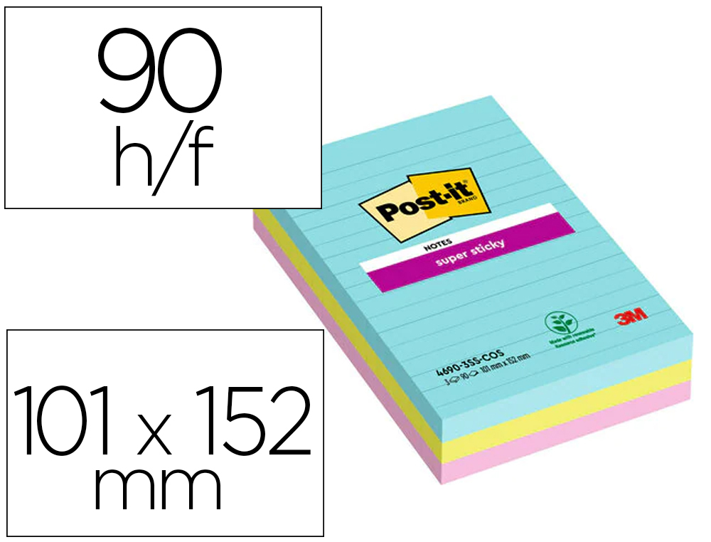 BLOC-NOTES POST-IT SUPER STICKY COULEUR CARNIVAL 101X152MM  90 FEUILLES ADHESIF RENFORCE  BLEU VERT ROSE 3 BLOCS