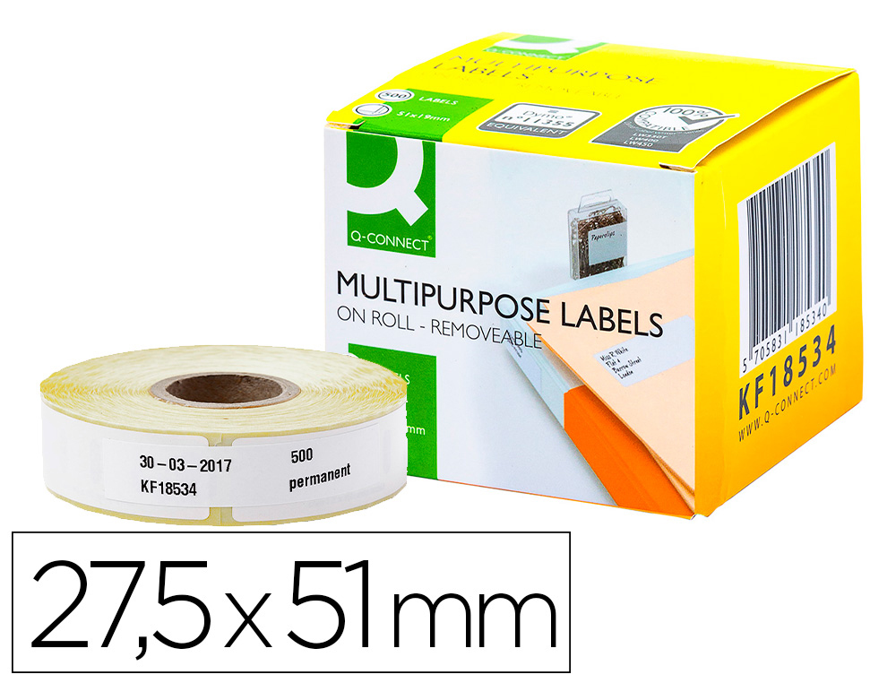 TIQUETTE ADHSIVE Q-CONNECT 27,5X51MM COMPATIBLE DYMO 11355 DTACHABLE BOTE 500 UNITS