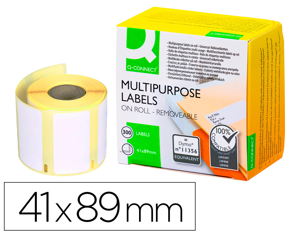 TIQUETTE ADHSIVE Q-CONNECT 41X89MM COMPATIBLE DYMO 11356 DTACHABLE BOTE 300 UNITS