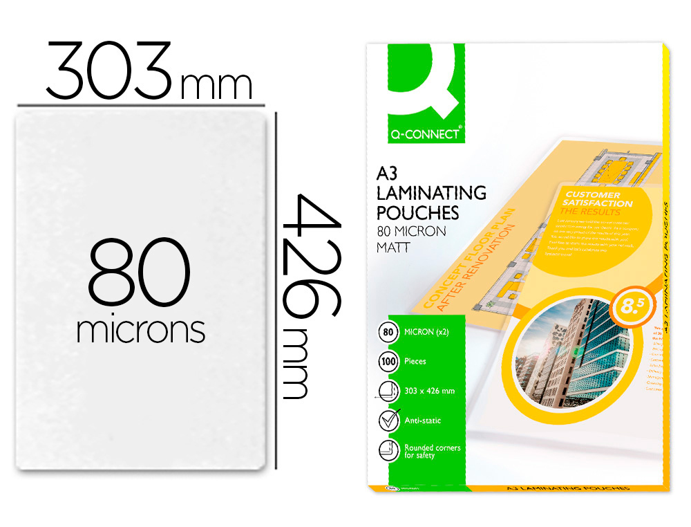 POCHETTE PLASTIFICATION Q-CONNECT  CHAUD CONOMIQUE FORMAT A3 80 MICRONS MAT BOTE 100 UNITS
