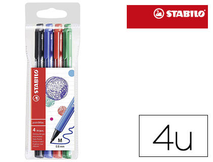 STYLO-FEUTRE STABILO POINTMAX POINTE MOYENNE NYLON TRAC 0.8MM ULTRA ROBUSTE POCHETTE 4 UNITS NOIR BLEU ROUGE VERT