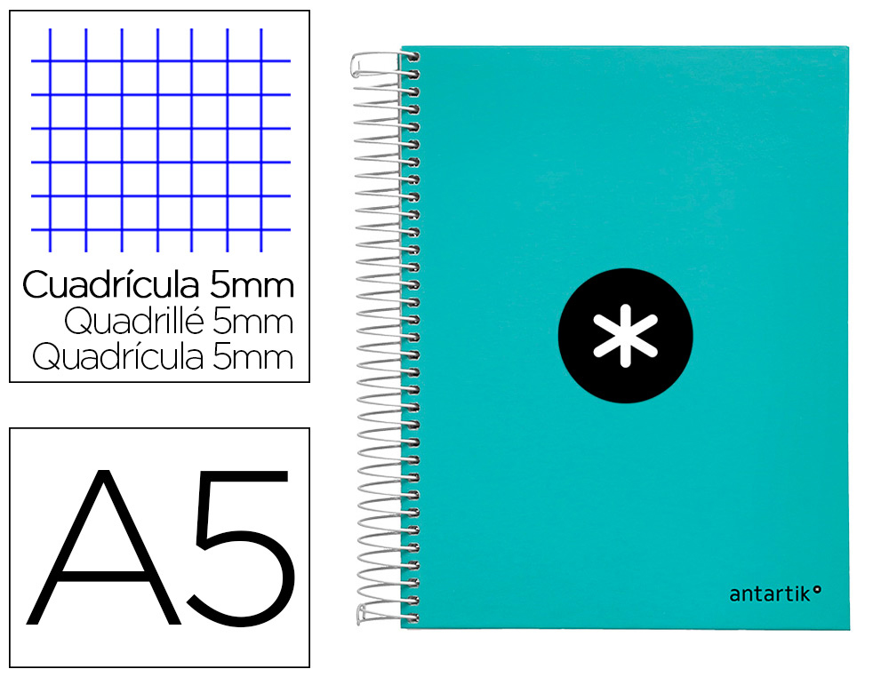 CAHIER SPIRALE LIDERPAPEL ANTARTIK A5 240P 100G REMBORD QUADRILLAGE 5MM MICROPERFOR 5 BANDES 6 TROUS COLORIS MENTHE