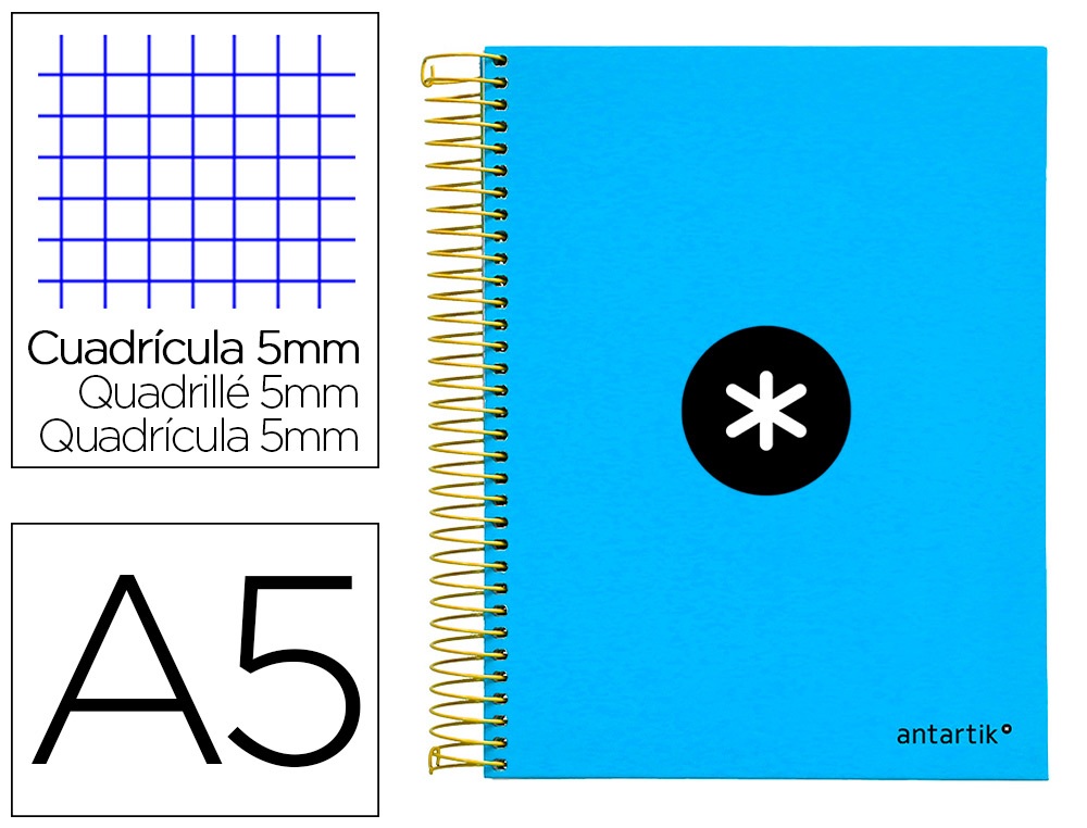 CAHIER SPIRALE LIDERPAPEL ANTARTIK A5 240P 100G COUVERTURE REMBORDE QUADRILLAGE 5MM 6 TROUS COIL-LOCK COLORIS BLEU