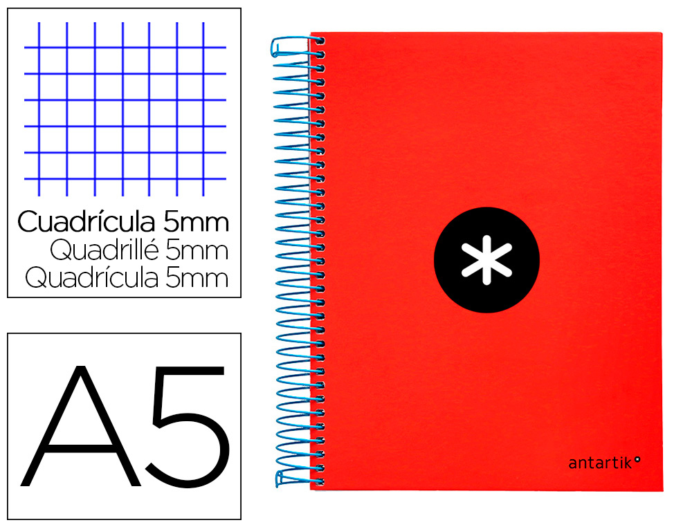 CAHIER SPIRALE LIDERPAPEL ANTARTIK A5 240P 100G COUVERTURE REMBORDE QUADRILLAGE 5MM 6 TROUS COIL-LOCK COLORIS ROUGE