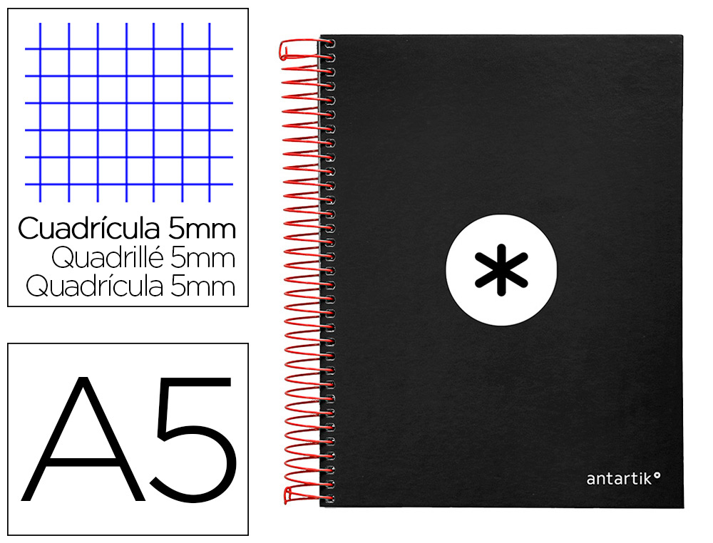 CAHIER SPIRALE LIDERPAPEL ANTARTIK A5 240P 100G COUVERTURE REMBORDE QUADRILLAGE 5MM 6 TROUS COIL-LOCK COLORIS NOIR