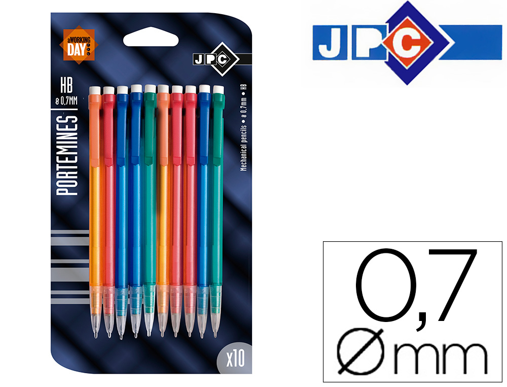 PORTE-MINE JPC 0.7MM RTRACTABLE RECHARGEABLE GOMME COLORIS ASSORTIS BOTE 10 UNITS