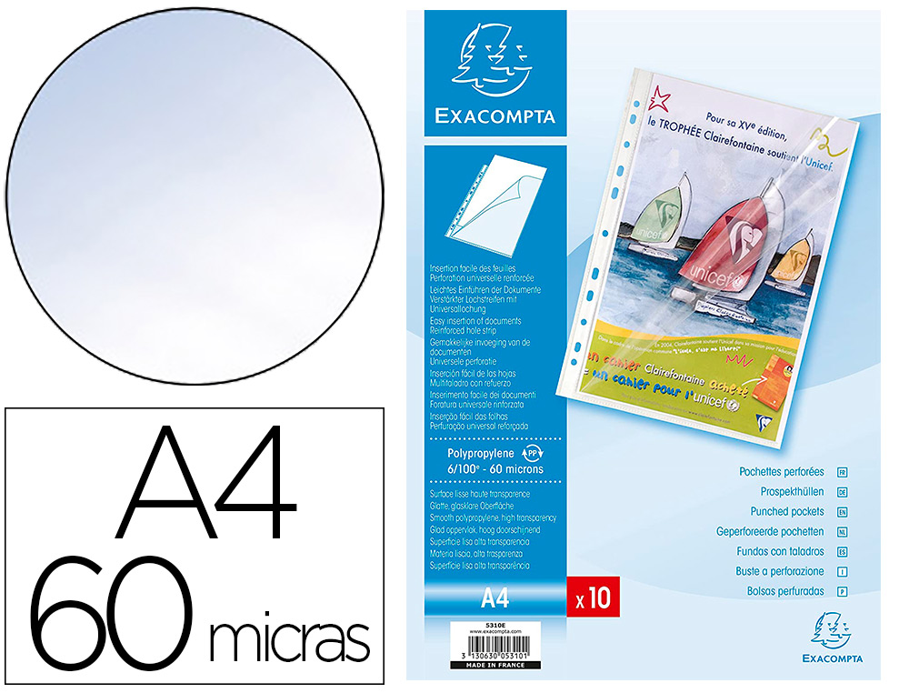 POCHETTE EXACOMPTA POLYPROPYLNE LISSE 6/100E PERFORE A4 OUVERTURE COIN SACHET 10 UNITS