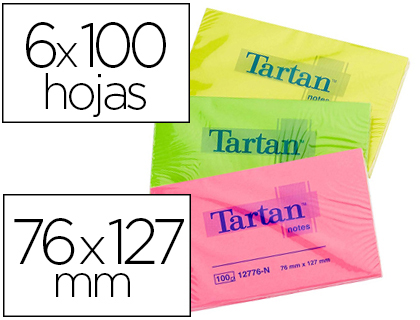 BLOC-NOTES POST-IT TARTAN 76X127MM 100F/BLOC            REPOSITIONNABLES COLORIS NEON ASSORTIS LOTS 6 BLOCS