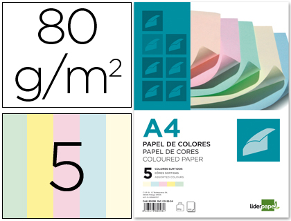PAPIER COULEUR LIDERPAPEL MULTIFONCTION A4 80G/M2 5 COLORIS ASSORTIS JAUNE BLEU CRME ROSE VERT 500 FEUILLES
