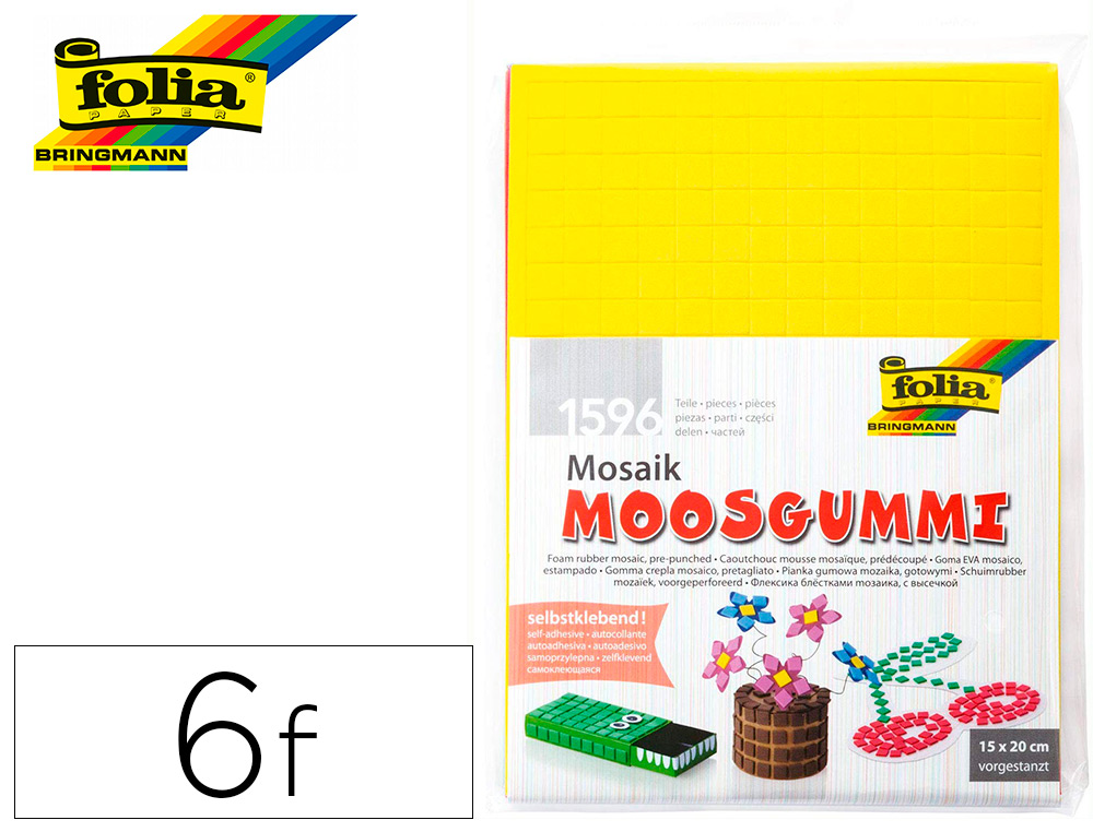 GOMME MOUSSE EN MOSAIQUE FOLIAAUTOADHESIVE PREDECOUPEE 10X10MM EPAISSEUR 2MM 6 FEUILLES COLORIS ASSORTIS 1596 PIECES