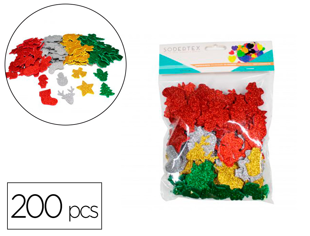 STICKERS NOEL SODERTEX EN MOUSSE EVA PAILLETEE 2MM 200  PCS 4 COLORIS ASSORTIS