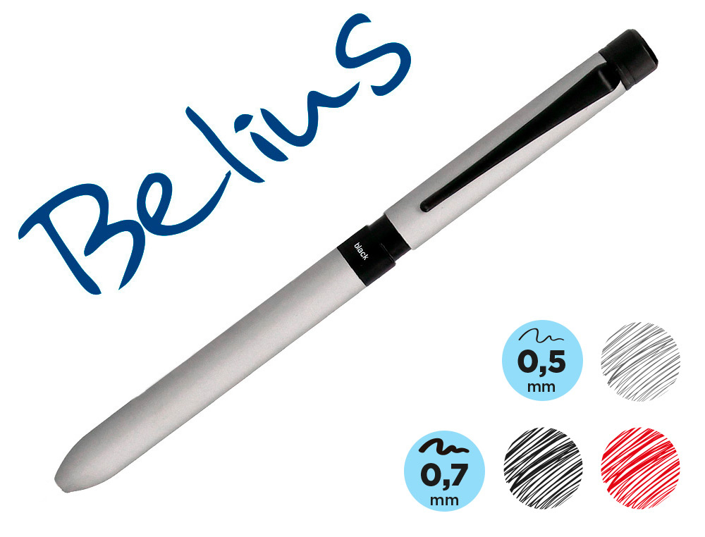 STYLO-BILLE BELIUS ZURICH 3 EN 1 CORPS GRIS ACIER ENCRE   NOIR ROUGE ET PORTEMINES 0,5  MM AVEC ECRIN