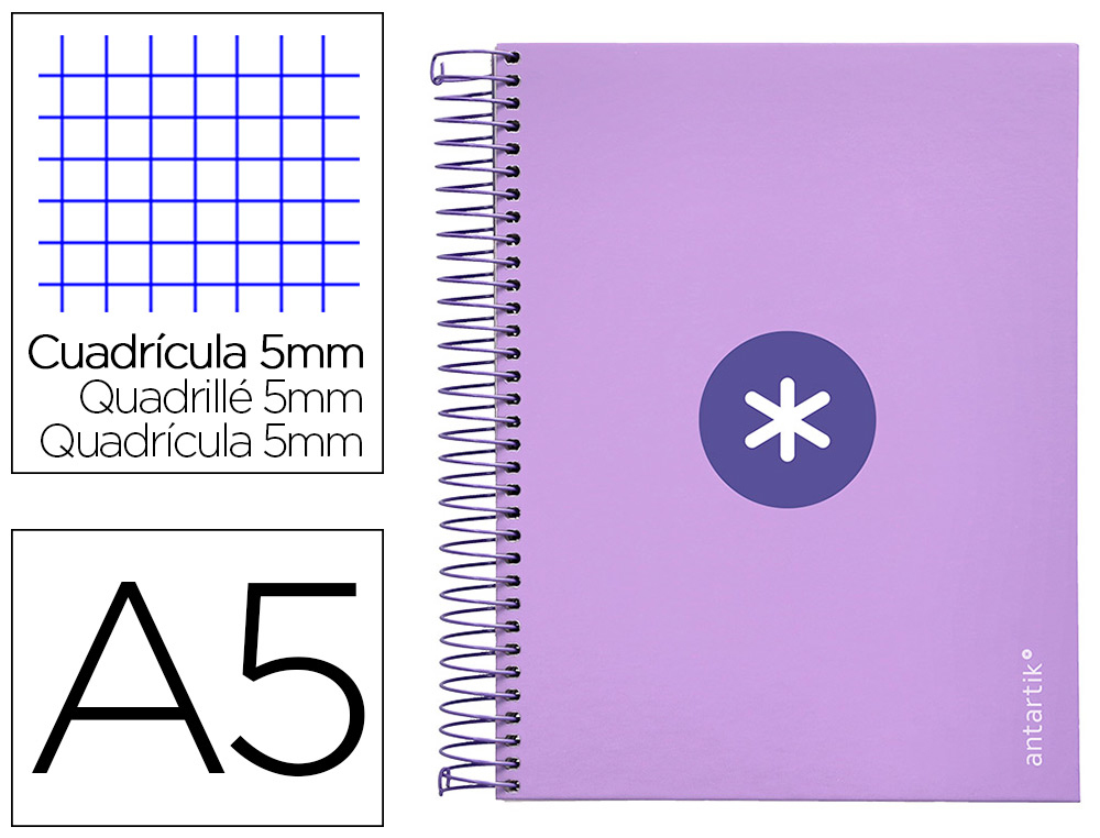 CAHIER SPIRALE LIDERPAPEL ANTARTIK A5 14,8X21CM 240P 100G/M2 QUADRILLAGE 5MM 6 TROUS COIL-LOCK COLORIS LAVANDE