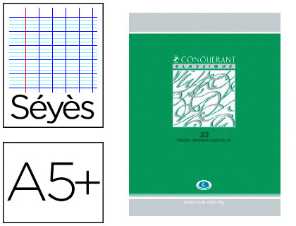 CAHIER DEVOIRS PIQU CONQURANT CLASSIQUE COUVERTURE VERNIE CARTE COUCHE A5+ 17X22CM 48 PAGES 90G SYS