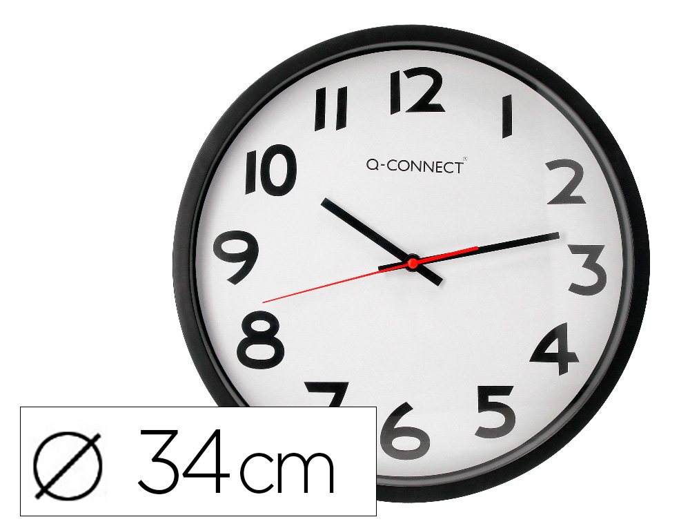 HORLOGE Q-CONNECT MURALE PLASTIQUE DESIGN ACTUEL NUMROS NOIRS FOND BLANC 1 PILE AA NON FOURNIE DIAMTRE 34CM NOIR