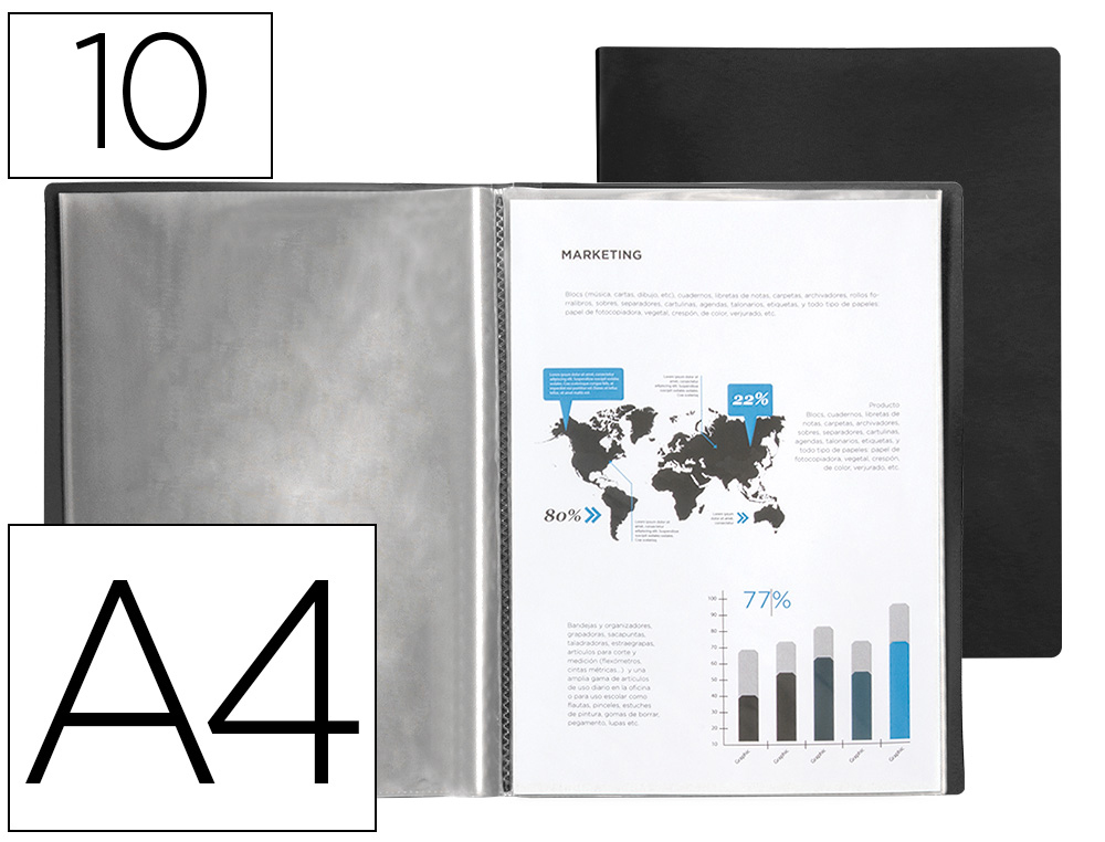 PROTGE-DOCUMENTS LIDERPAPEL POLYPROPYLNE COUVERTURE FLEXIBLE 10 POCHETTES FIXES A4 210X297MM NOIR OPAQUE