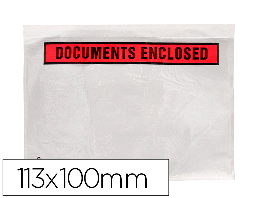 ENVELOPPE Q-CONNECT PORTE-DOCUMENTS TRANSPARENTE 113X100MM AUTO-ADHSIVE TEXTE ANGLAIS IMPRESSION NOIR/ROUGE BOTE 100U